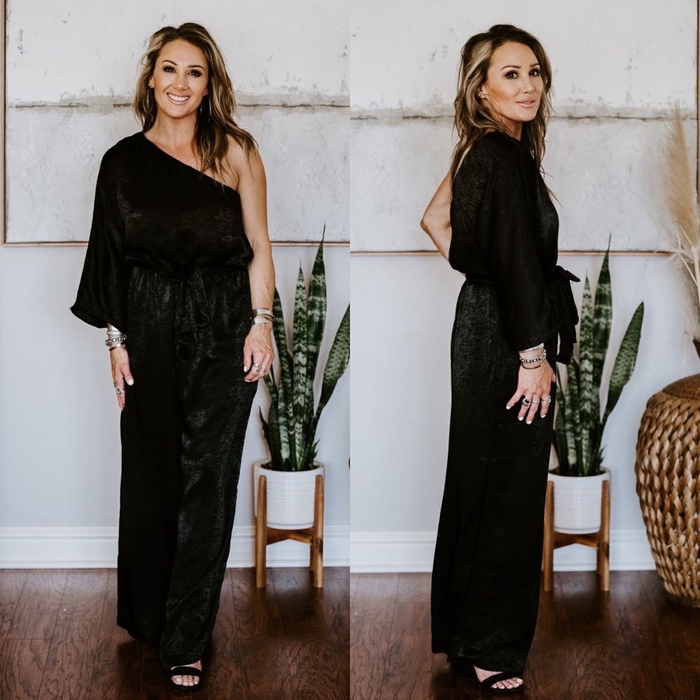 Black One Shoulder Holiday Party Jumpsuit S M L Belted Dressy Cute